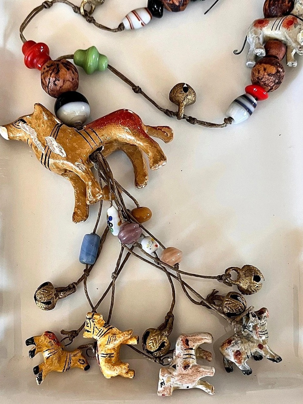 Vintage Tribal or Folk Art Necklace featuring Carved Wooden Animals